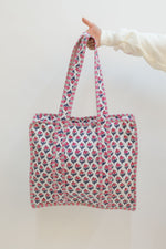 Pink and blue floral quilted tote bag