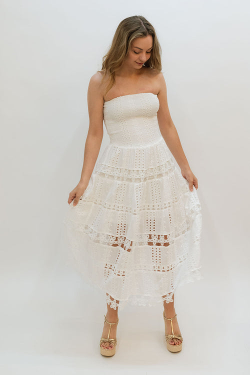 white eyelet with smocked bodice  midi dress