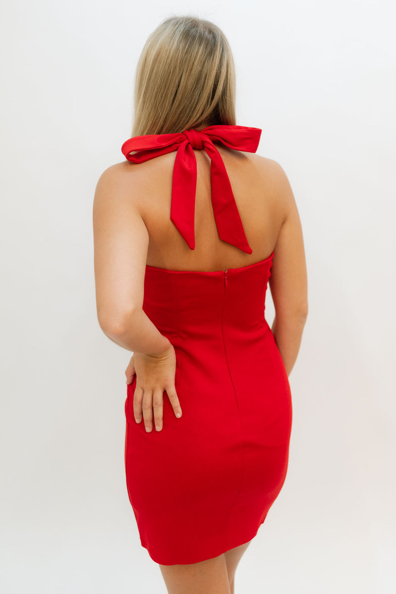 open back bow with zipper red mini dress