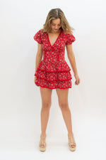 Red floral lace detail tiered ruffle romper dress