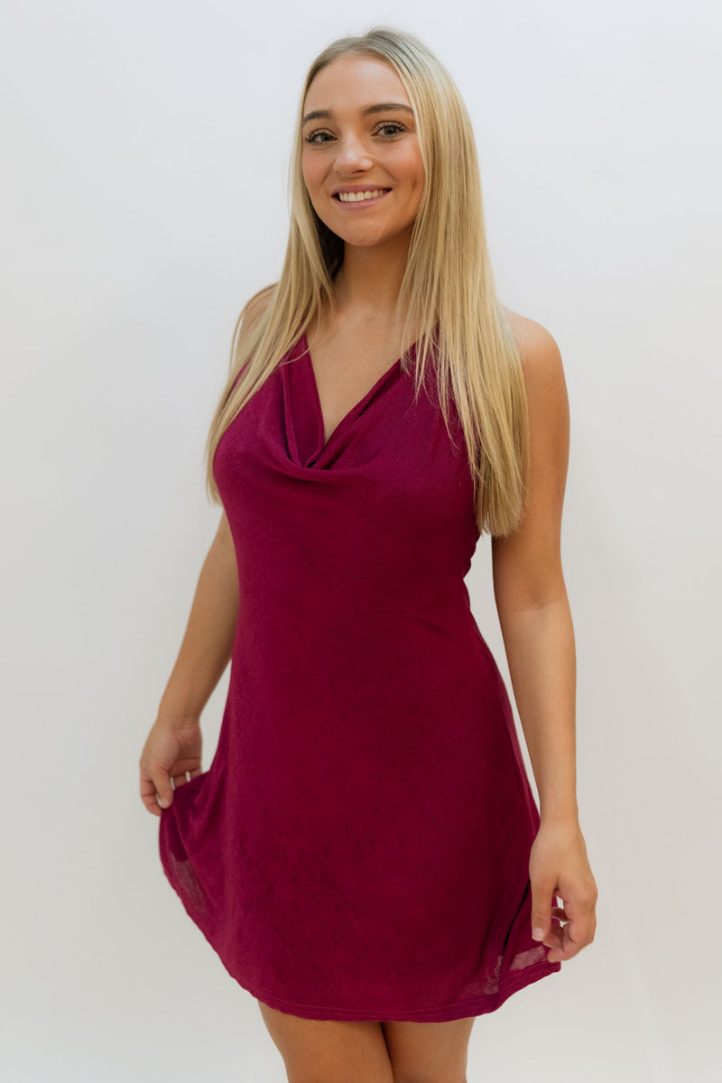 burgundy halter mini dress