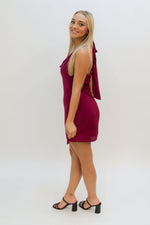 cowl neck burgundy neck tie mini dress