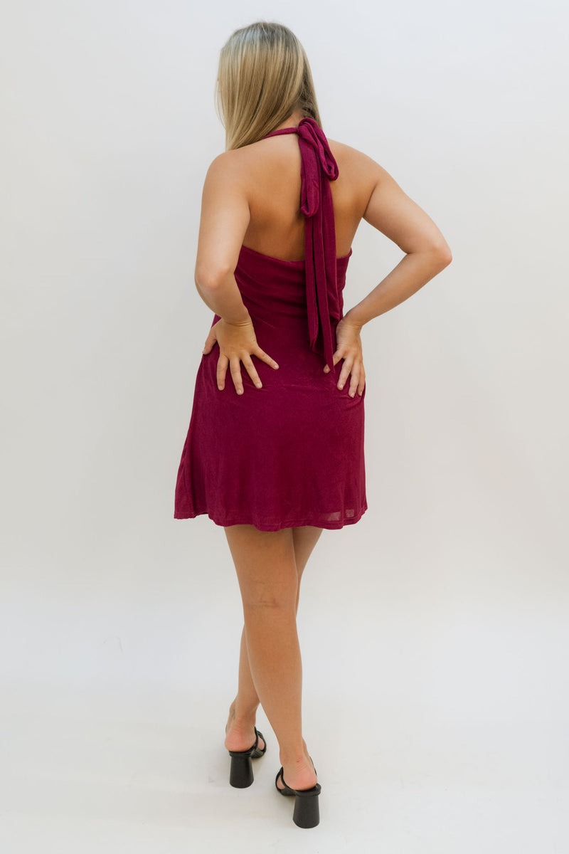 burgundy halter fall mini dress