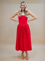 Red strapless midi dress