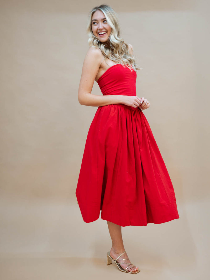 red princess style strapless dress