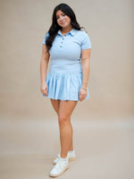 Blue ribbed polo dress campus outfit