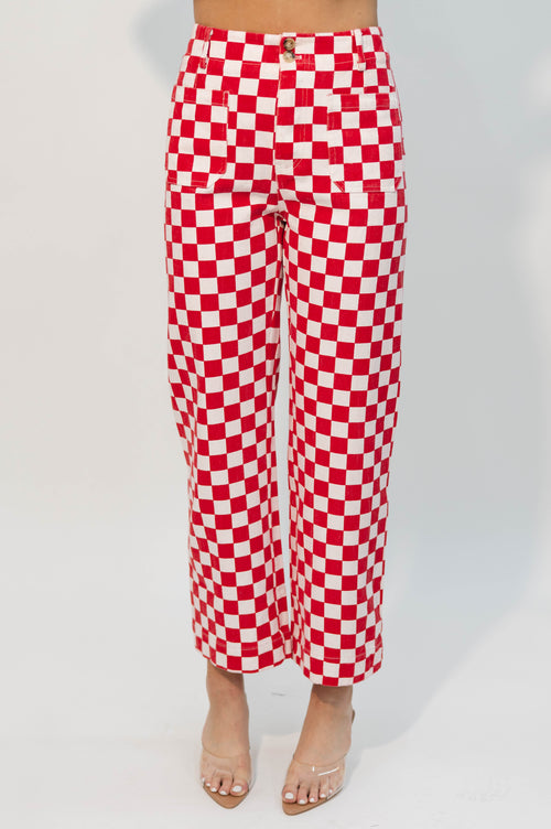 Red and white checkered wide leg pants