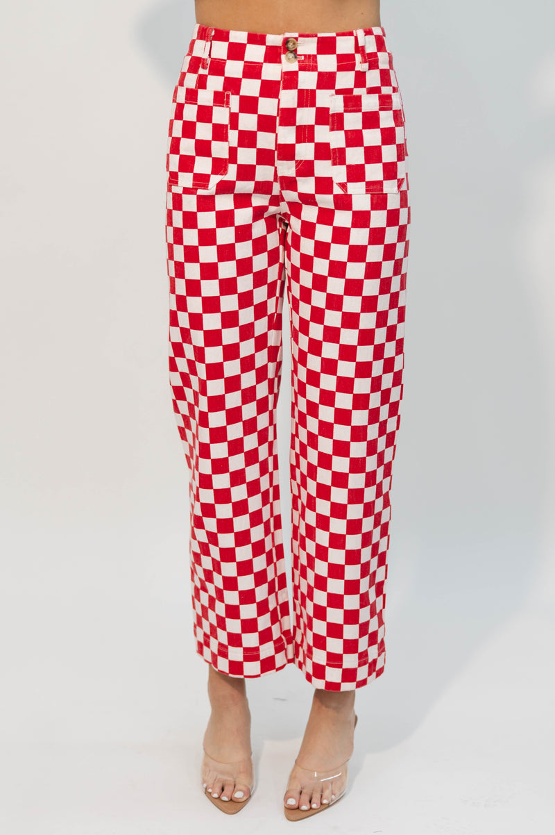 Red and white checkered wide leg pants