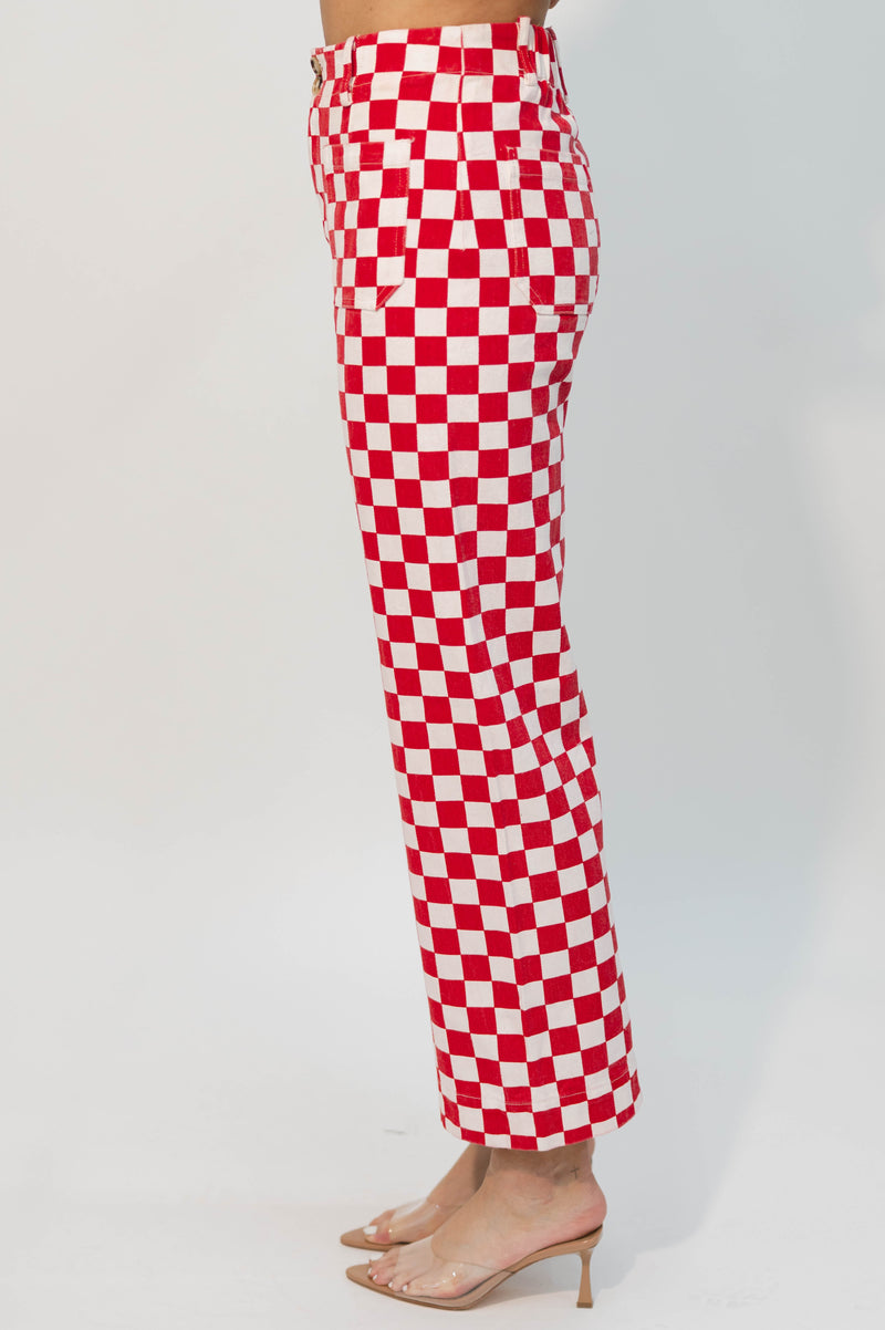 High-waisted red checkerboard pants