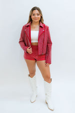 red statement outfit Rhinestone studded bling red crimson moto jacket