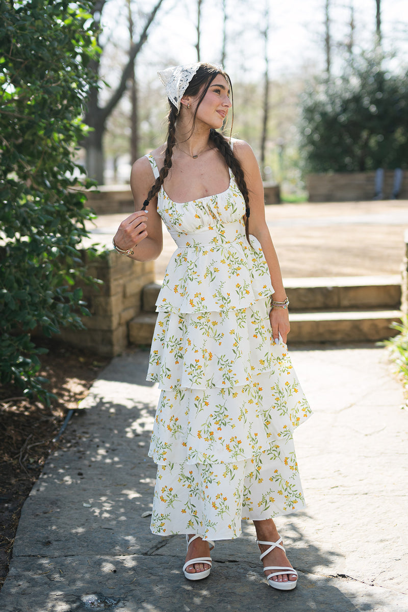 yellow tiered midi dress Women's Afternoon Like This Butter Yellow Floral Ruffle Tiered Cotton Midi Dress | Size: L