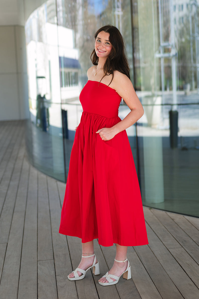 red strapless dress with pockets MACloth Strapless Sweetheart Long Prom Dress Red Formal Evening gown with Pockets Red / Above Knee / US6
