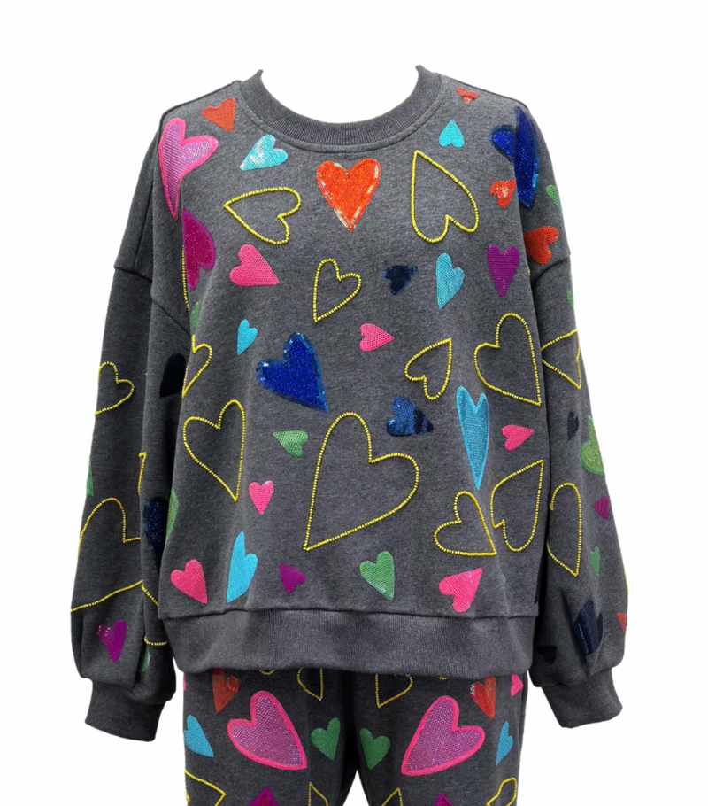 [Queen of Sparkles] Grey Groovy Hearts All Over Sweatshirt