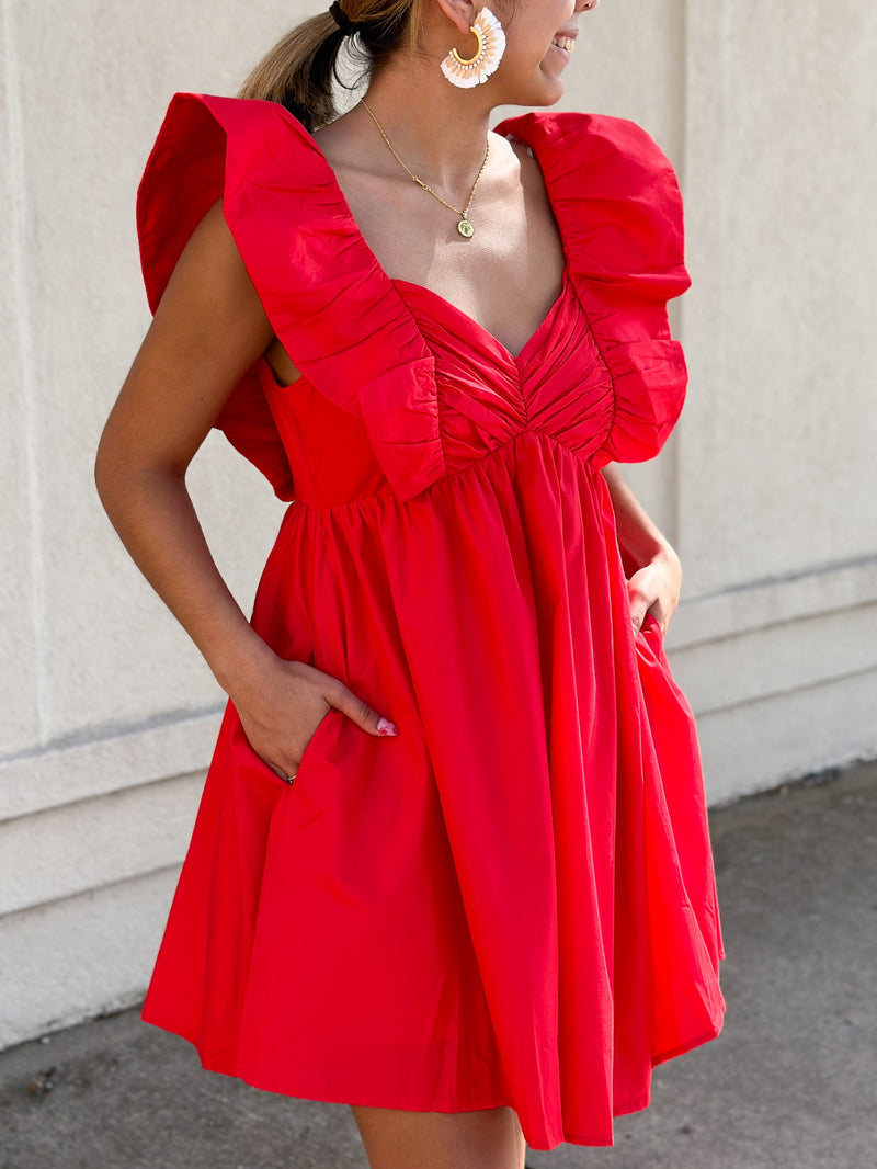 Michaela Flared Sleeve Mini Dress- Red
