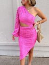 One Shoulder Lace Cut Out Midi Dress - Pink