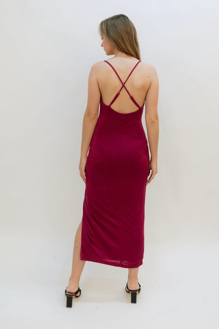 red wine long dress with criss cross back and front slit