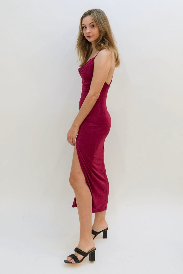 front slit dark red wine long dress 