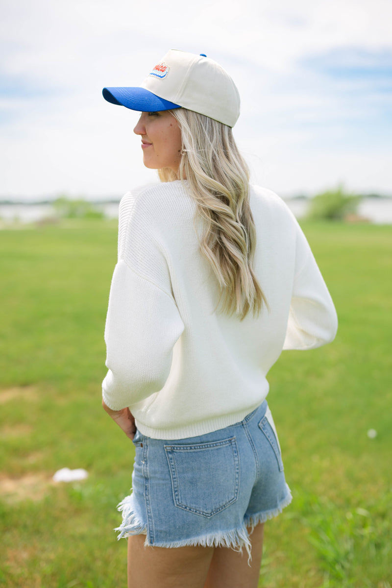 white knit 4th of July sweater