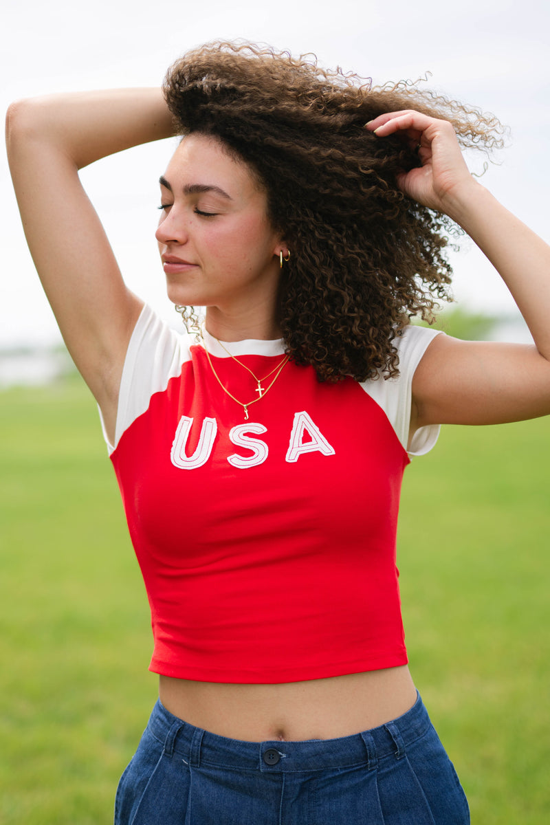 red USA baby tee for women