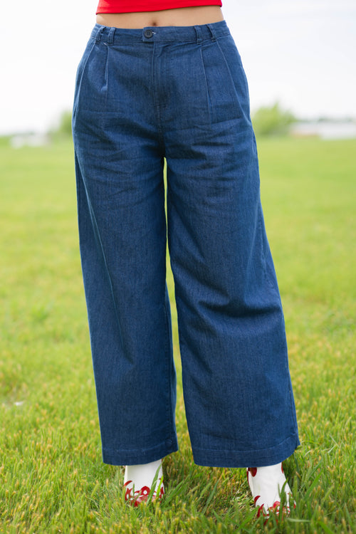 Retro inspired wide leg denim trousers