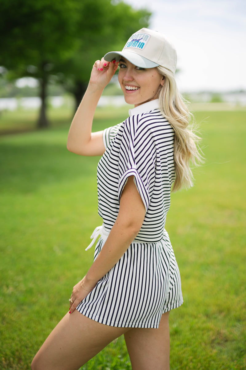 Hamptons style striped polo shorts ensemble