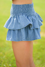 Smocked waist denim ruffle skort