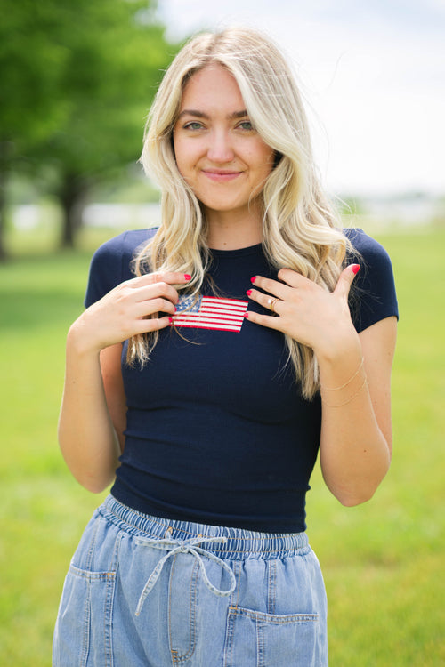 American flag embroidered short sleeve tee