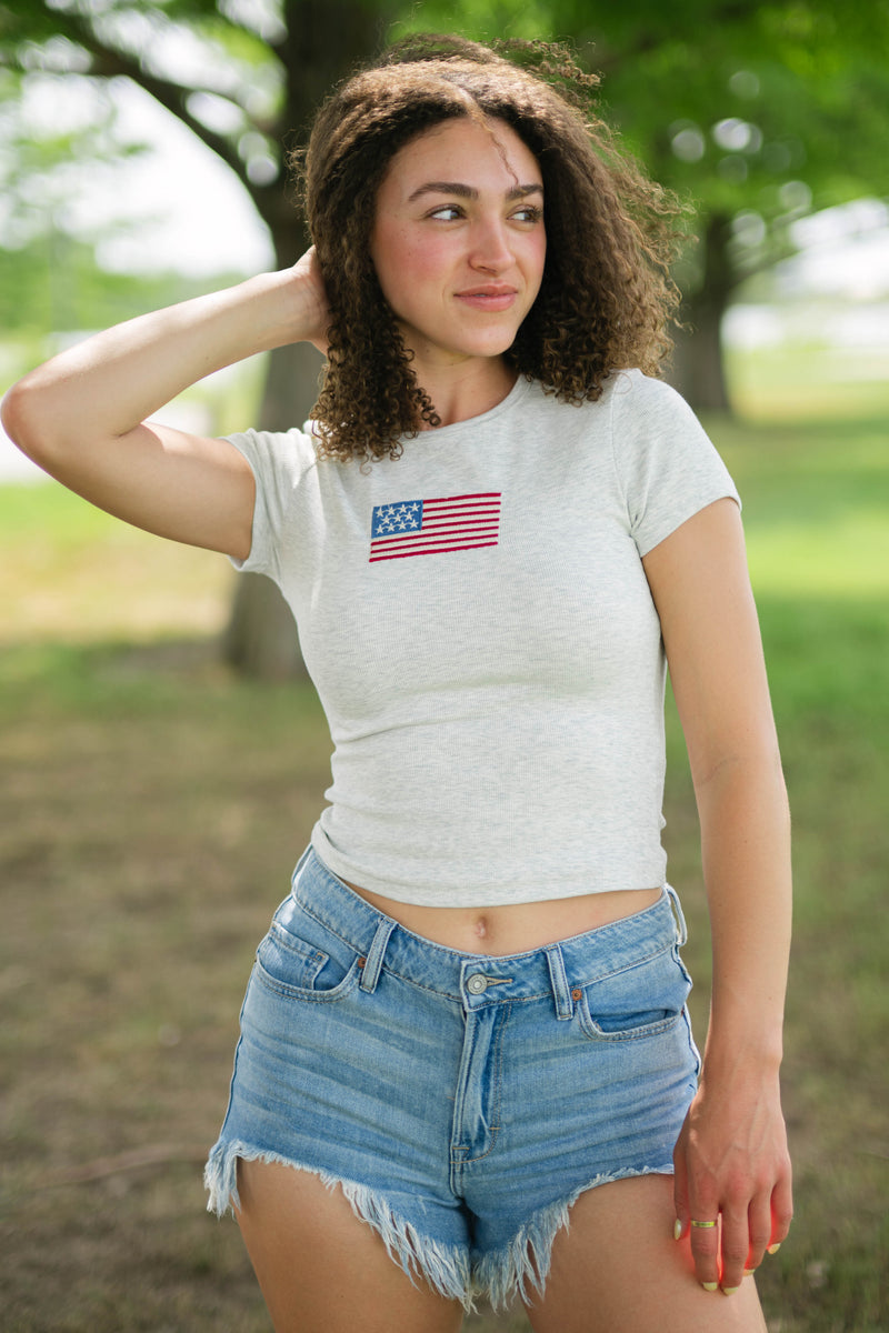Soft gray American flag baby tee
