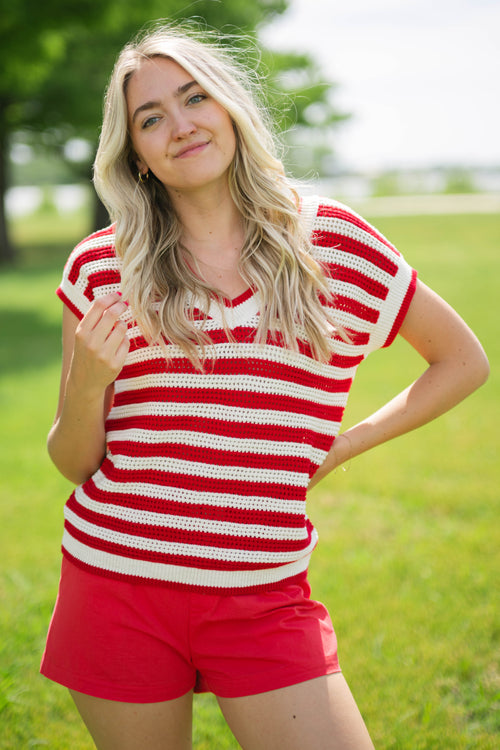 Red white striped crochet knit top summer outfit
