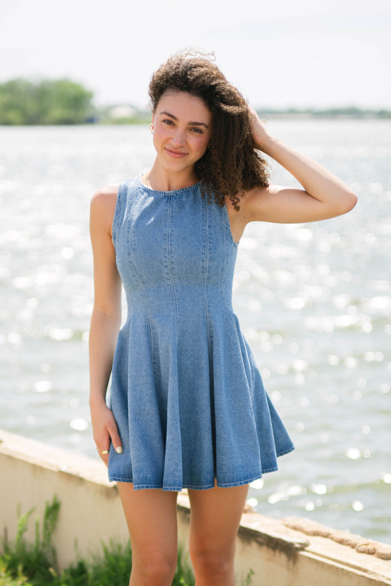 Sleeveless denim fit and flare dress