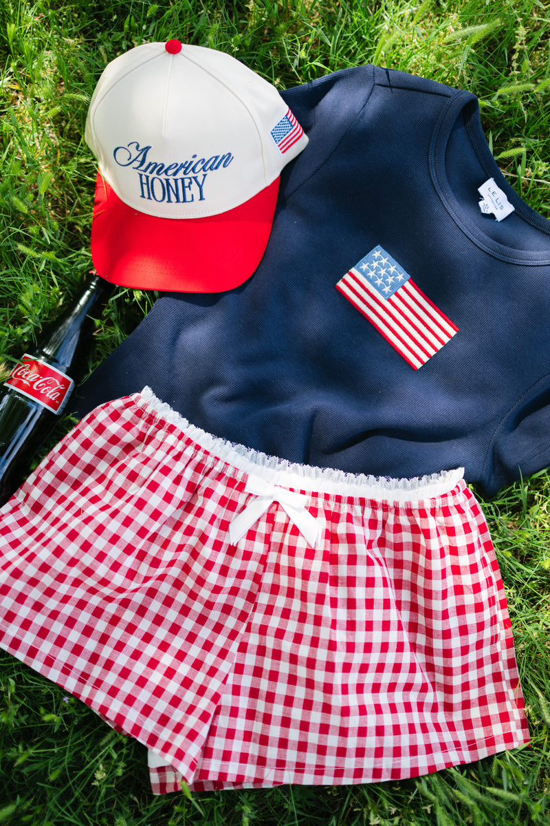 Navy Y2K style flag crop top