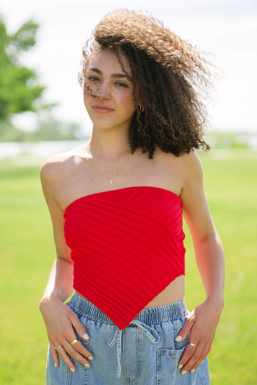 Red pleated tube top summer outfit