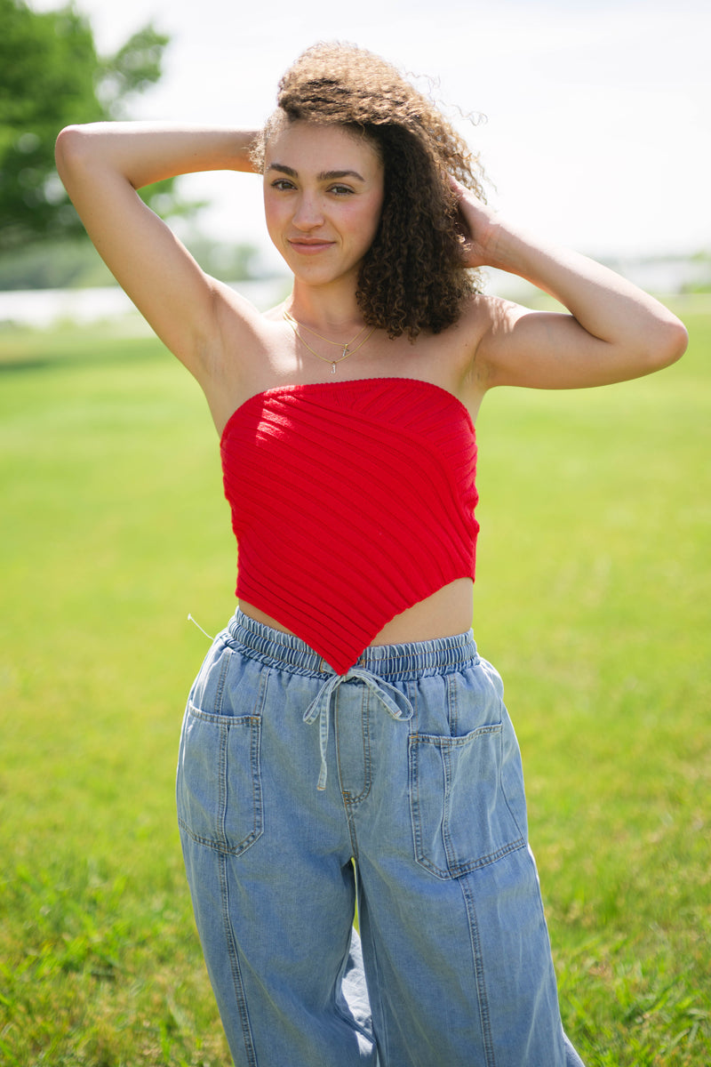 Festival season red strapless crop top