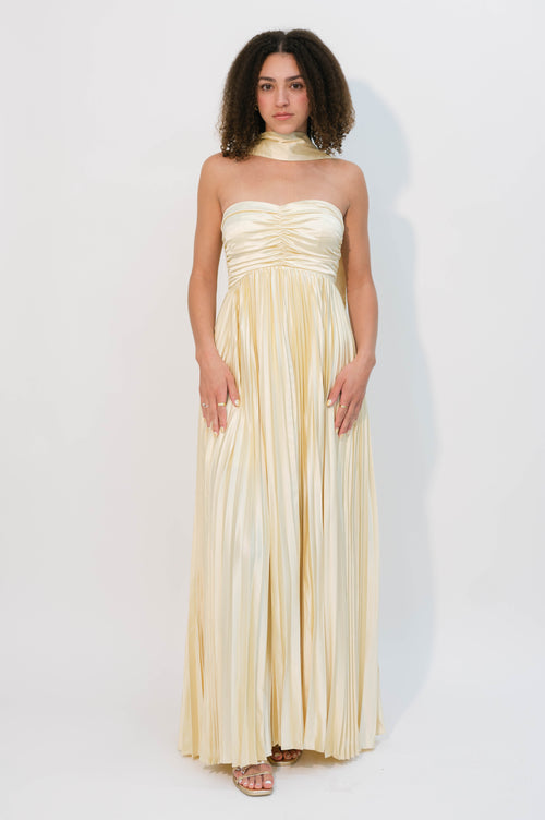 yellow pleated maxi dress satin