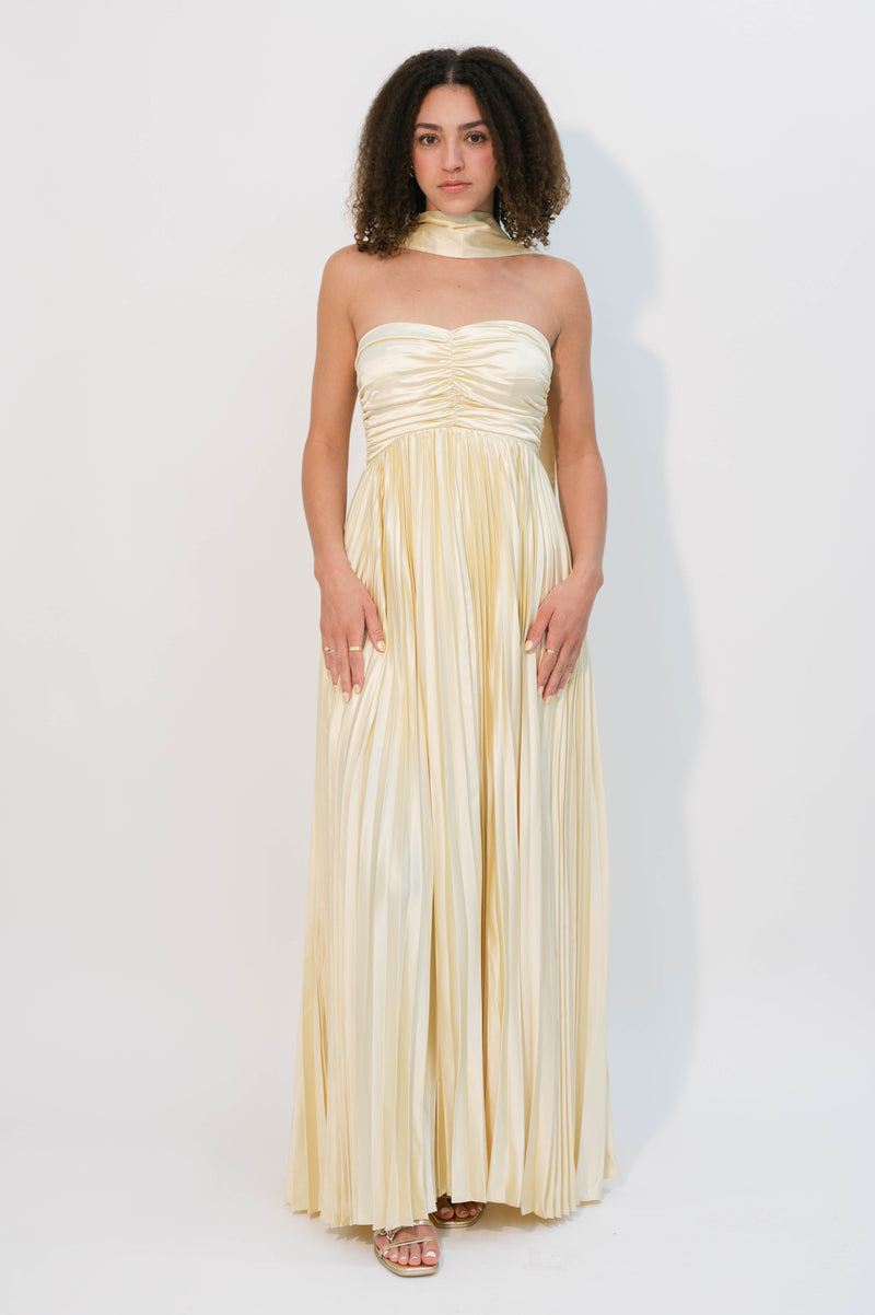 yellow pleated maxi dress satin