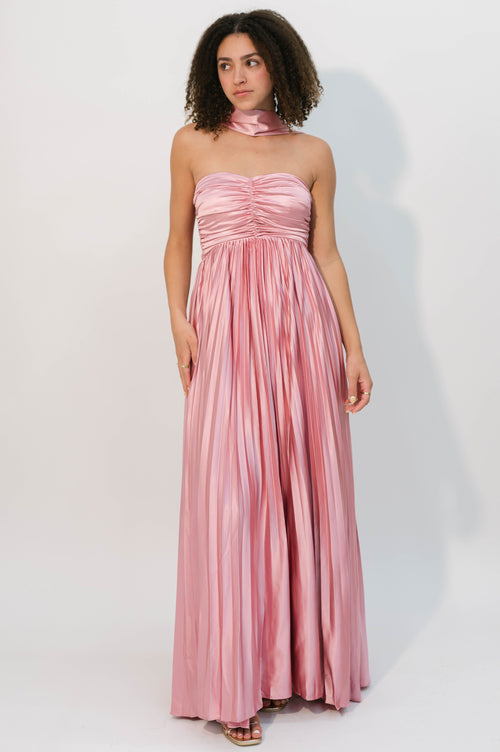 pink pleated satin maxi dress