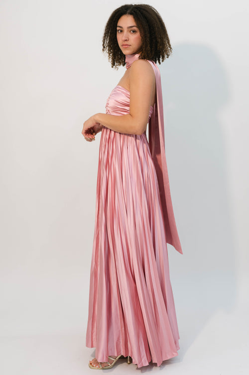 blush formal dress with scarf