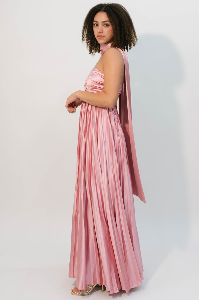 blush formal dress with scarf