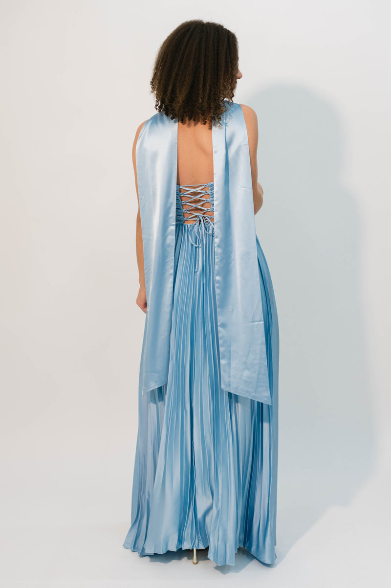 blue maxi dress with neck scarf Elsa Ice Blue Maxi Dress with Neck Scarf
