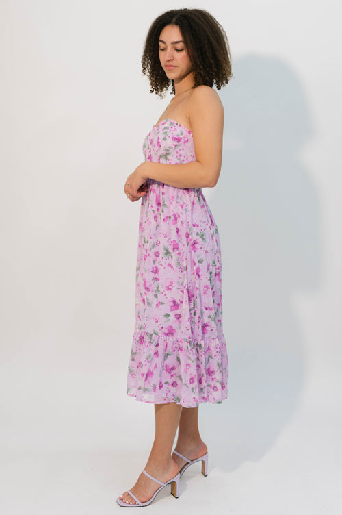 Watercolor floral wedding guest dress strapless option