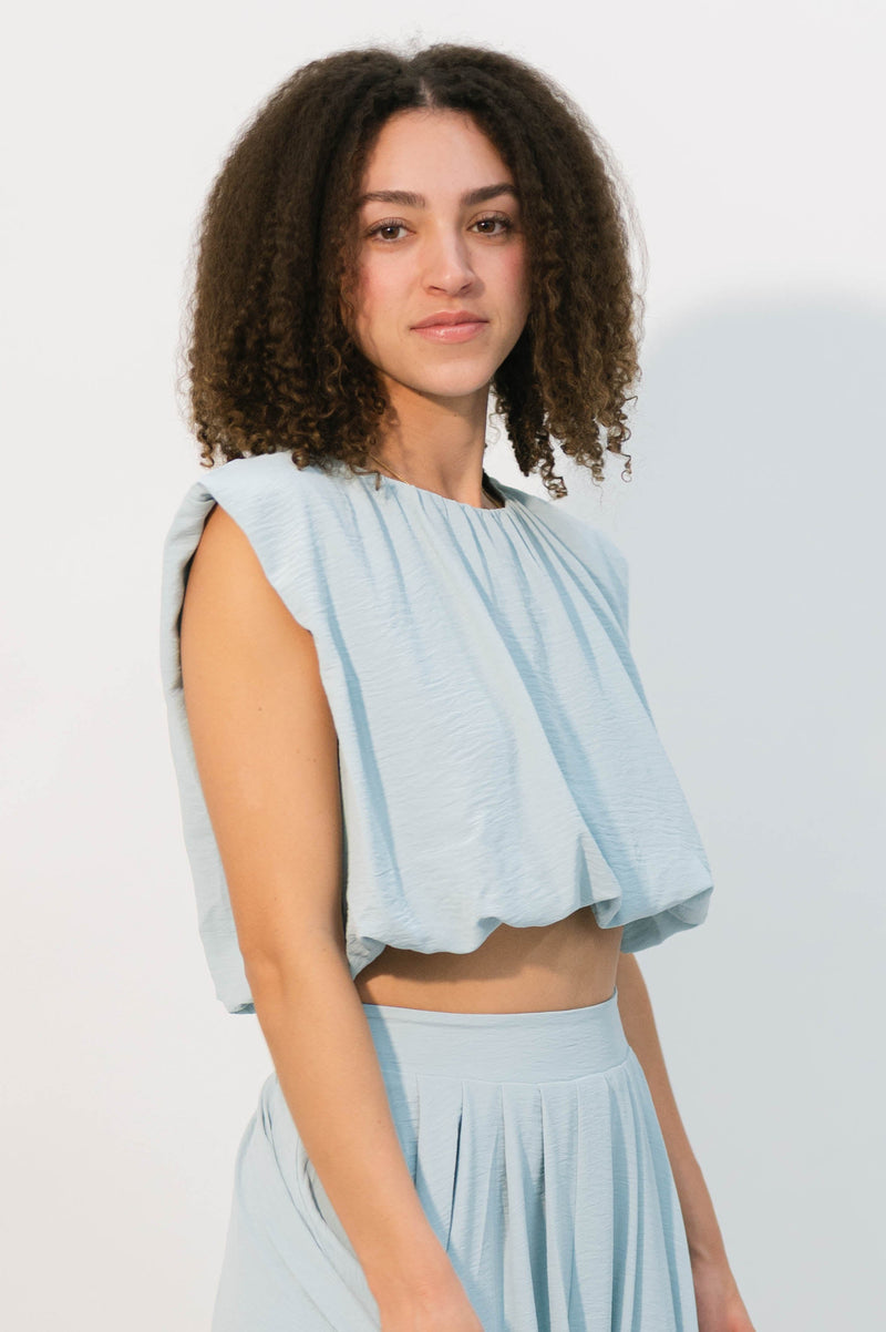 Powder blue sleeveless blouse for wedding season