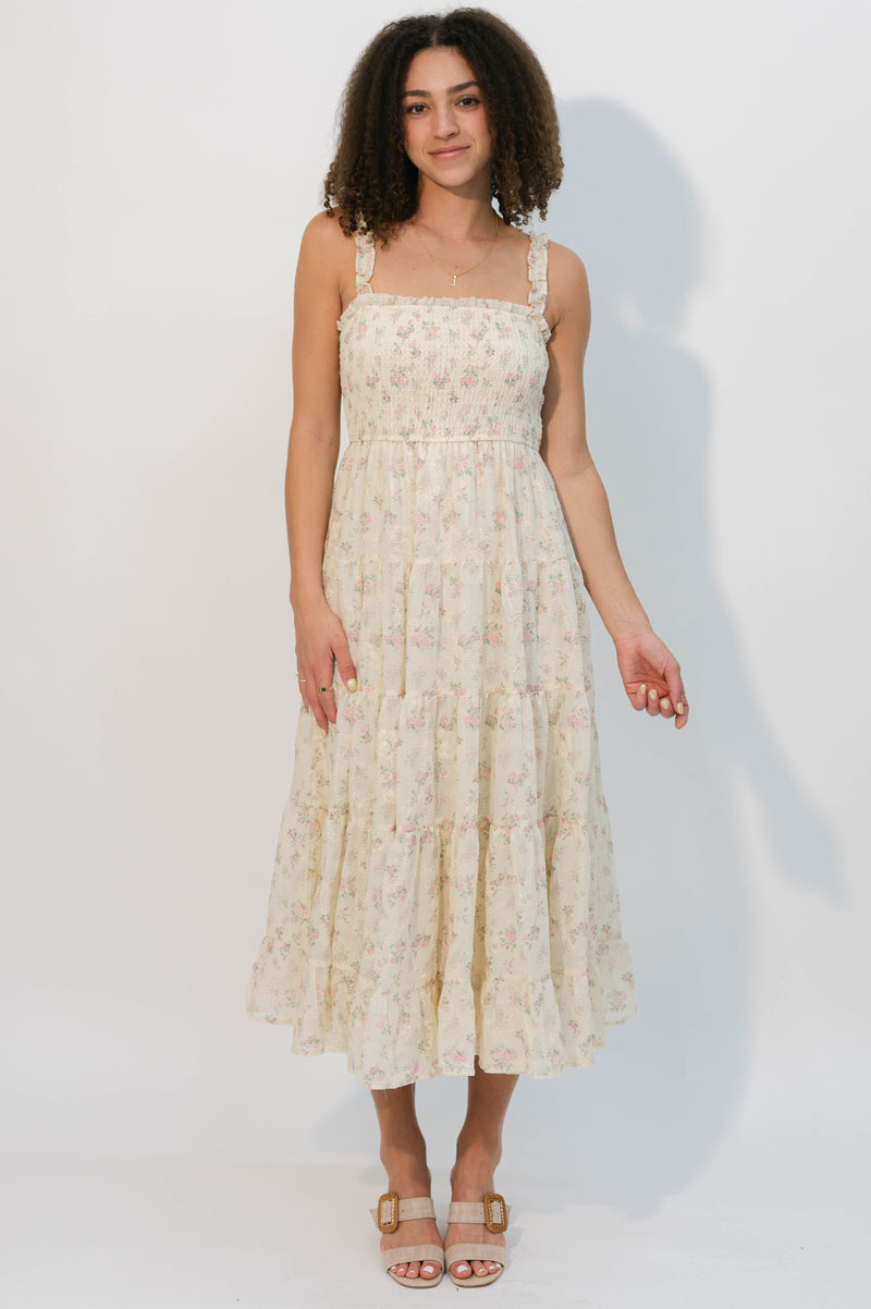 Vintage-inspired floral midi with smocked bodice