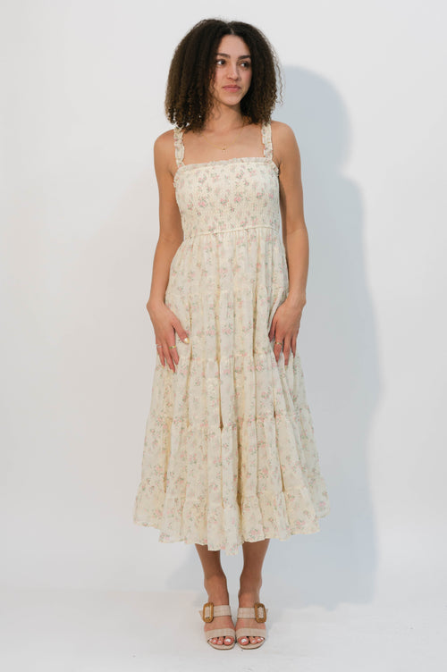 Cream floral cottagecore midi dress with embroidery