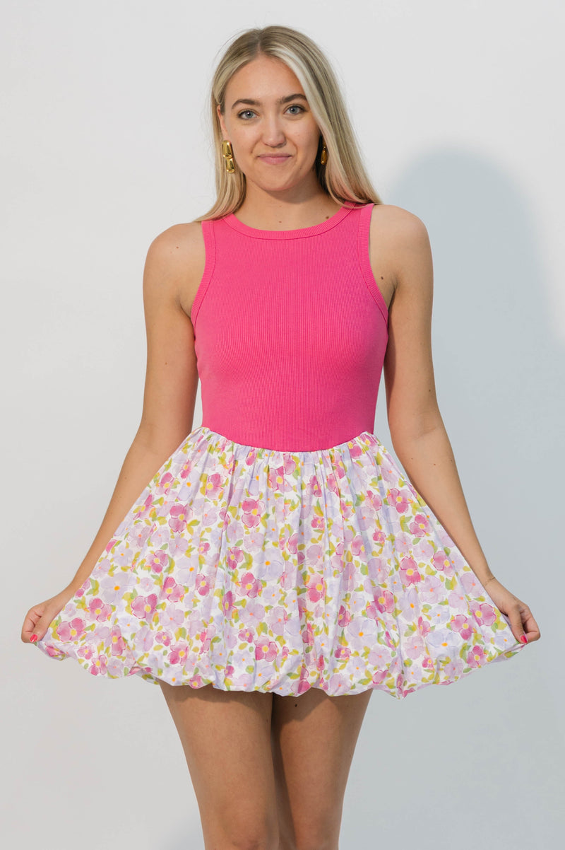 pink bubble hem dress with floral skirt