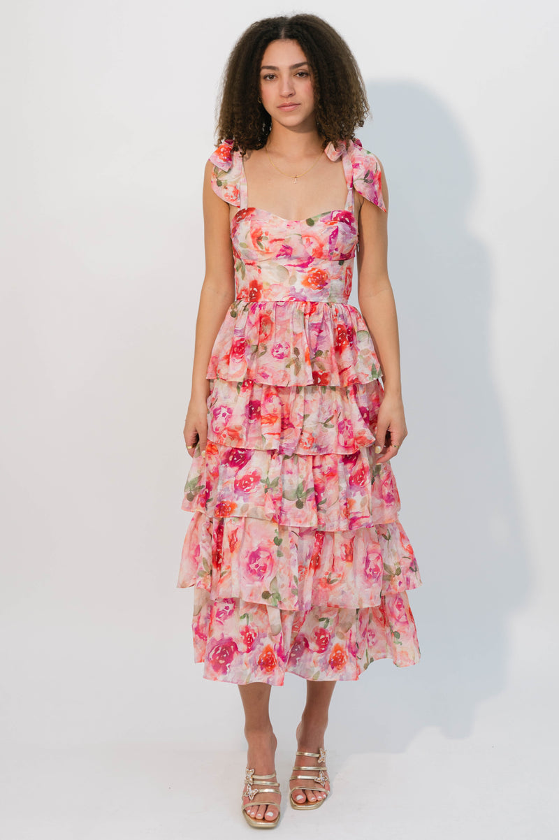 Pink floral tiered midi dress for summer weddings
