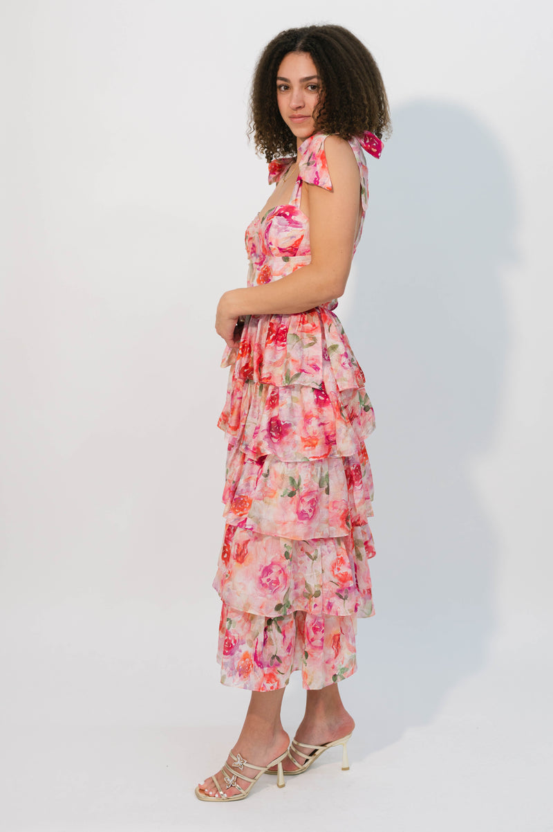Watercolor floral wedding guest dress with ruffles