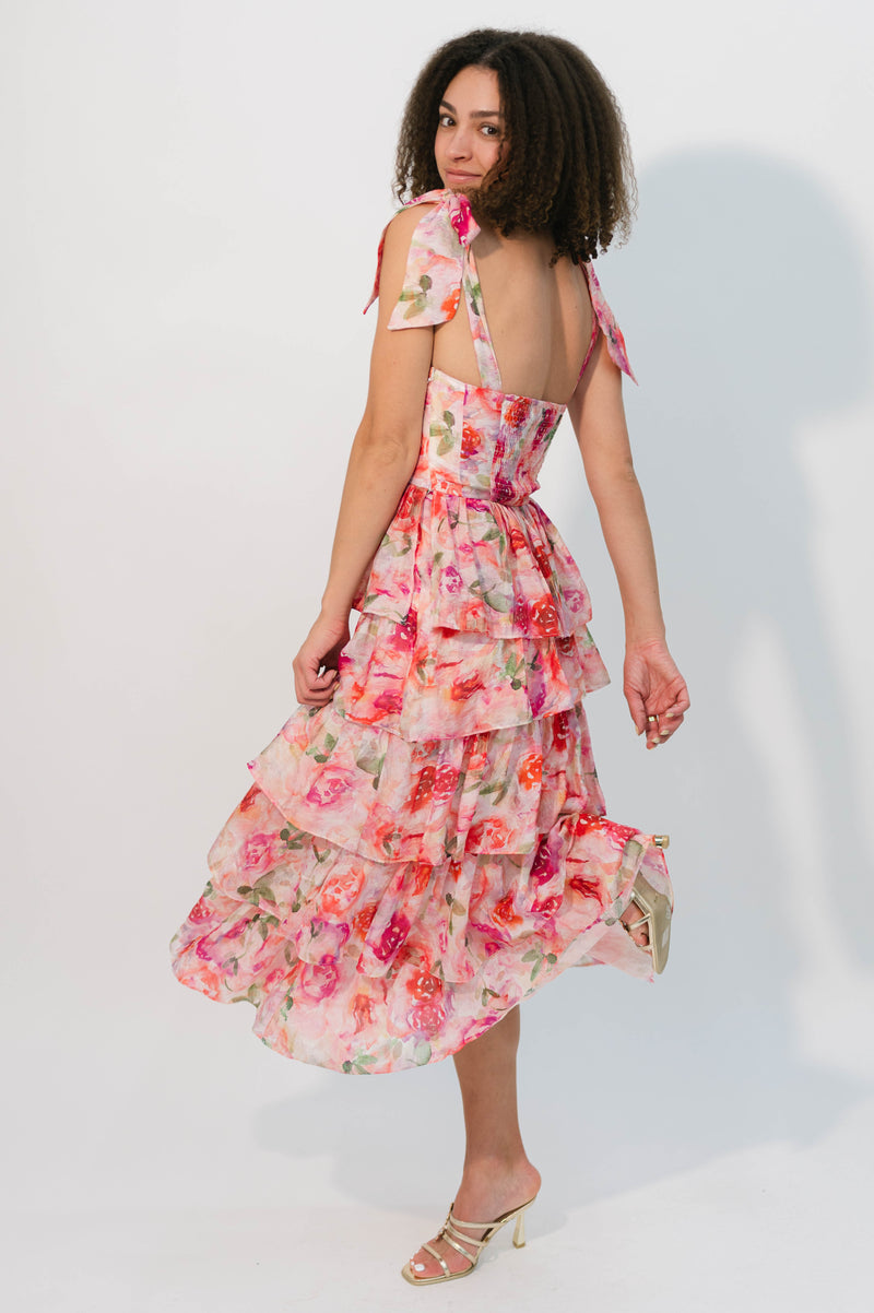 Ethereal floral wedding guest dress with ruffle tiers