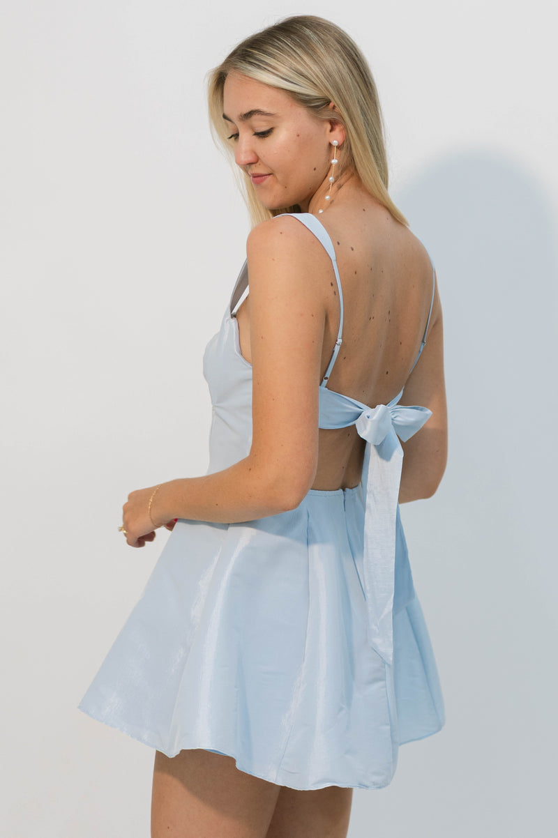 powder blue bridesmaid dress with open back
