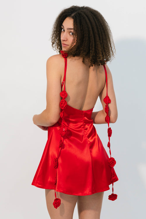 red mini dress with rose applique string