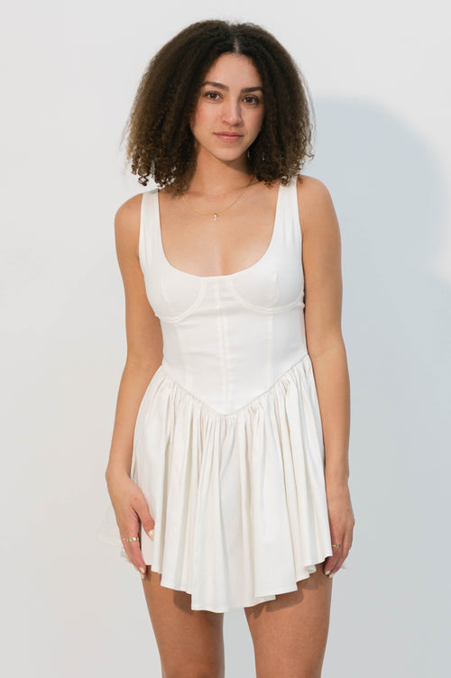 white corset mini dress with circle skirt